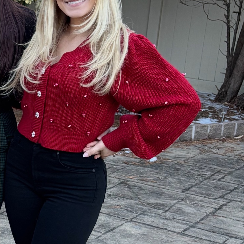Delsie Pearl Embellished Cardigan - Red - Picture 4 of 10